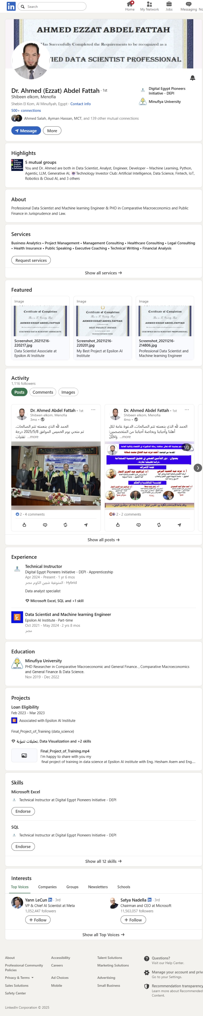 LinkedIn profile of Dr. Ahmed Ezzat, lead data scientist