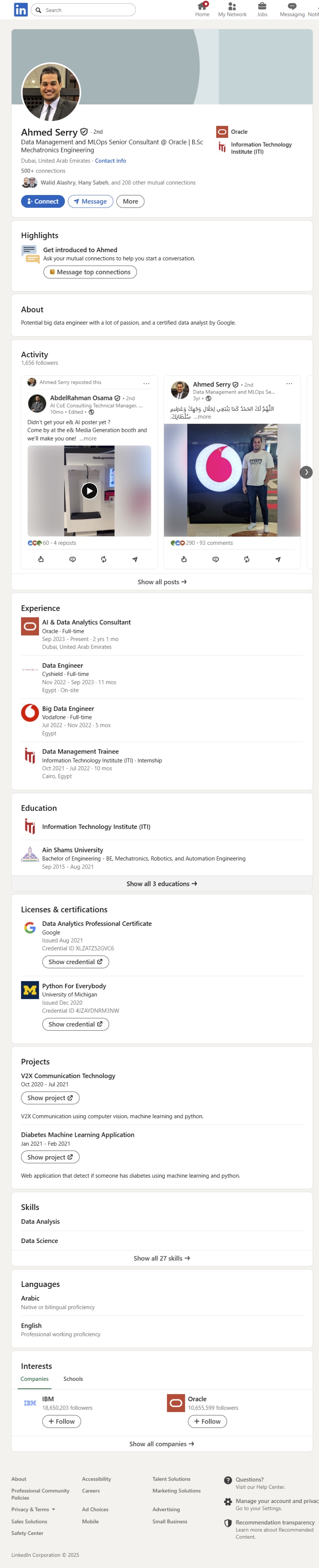 LinkedIn profile of Ahmed Sarry, Epsilon AI Academy graduate