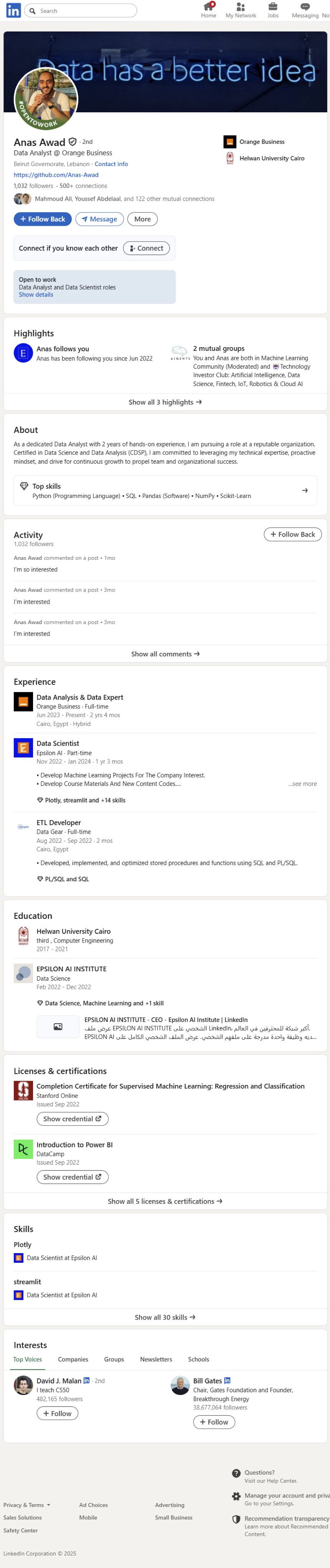 LinkedIn profile of Anas Awad, data analyst at Orange Business