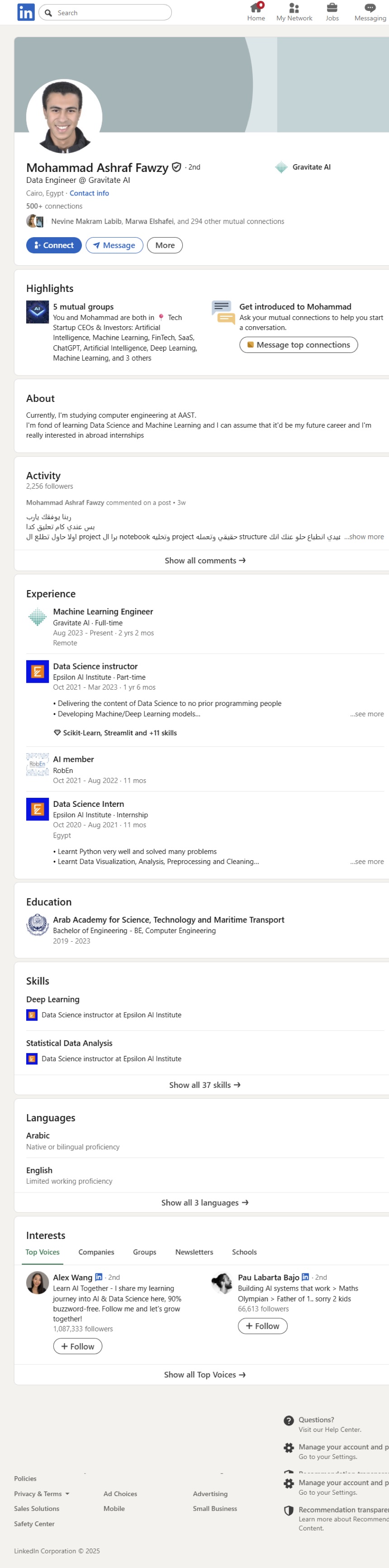 LinkedIn profile of Mohammad Ashraf, data engineer at Gravitate AI