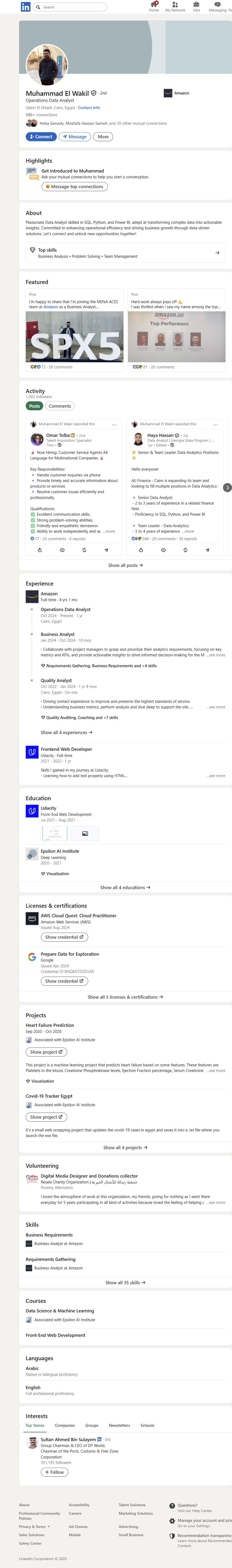 LinkedIn profile of Muhammad El Wakil, analyst at Amazon